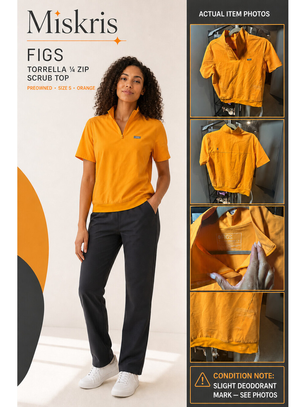 FIGS Torrella 1/4 Zip Scrub Top Womens S Orange Yellow Preowned Flaw